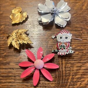 Floral and Owl Brooch Set - Silver, Gold, Pink